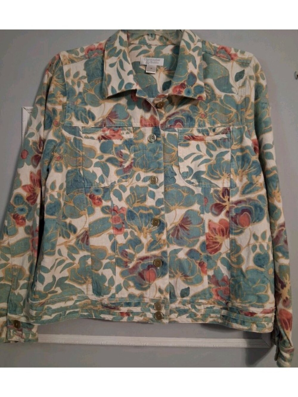 Christopher Banks M Linen Blend Jacket Boho Travel Resort Wear Floral Buttons